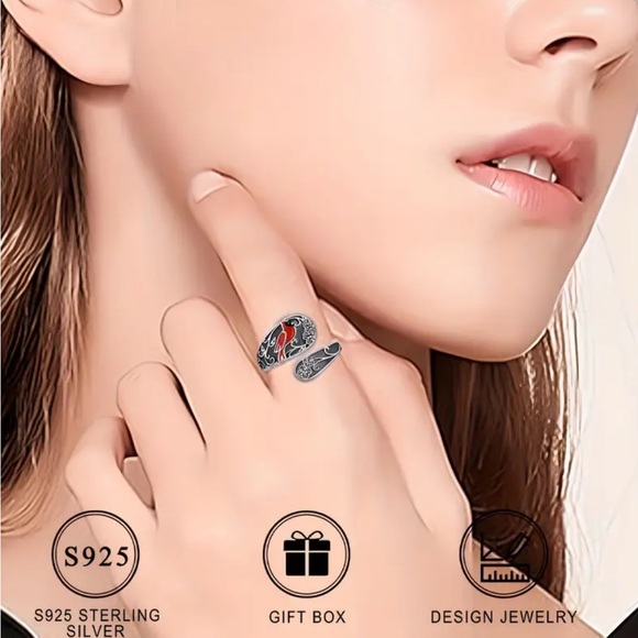 Sterling Silver Red Cardinal & Poppy Flower Design Adjustable Ring - Picture 2 of 3